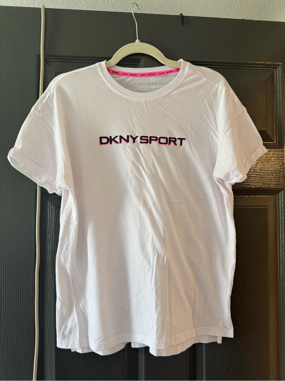 DKNY Sport White T‑Shirt with Black and Pink Logo